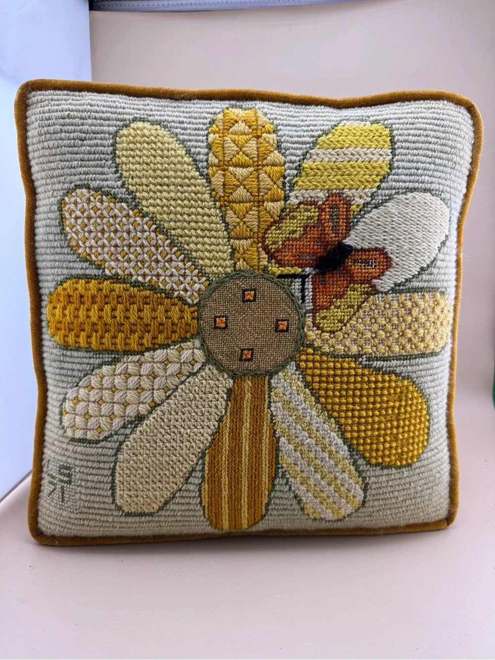 VTG Antique Petit Point Needlepoint Sun Flower Butterfly Throw Pillow MCM 1971
